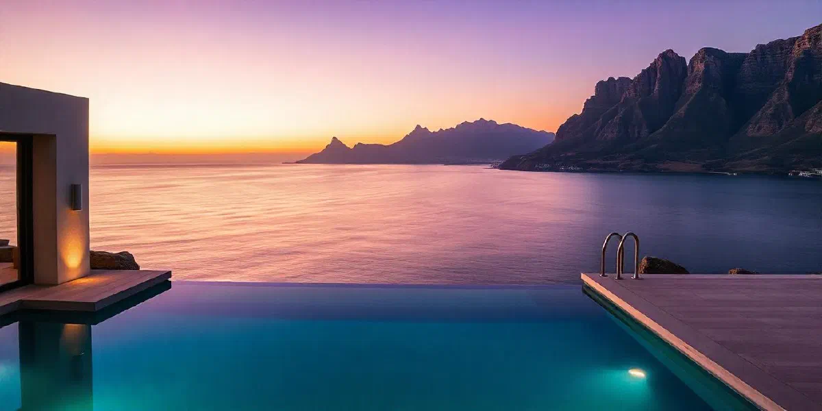 An infinity pool looking over the Camps Bay mountains at sunset